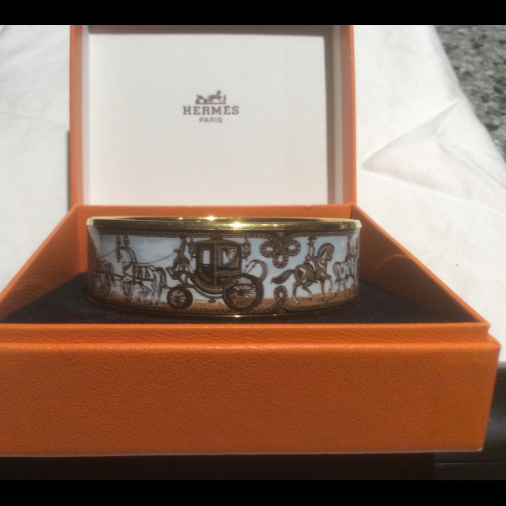Hermes wide gold plated enamel bracelet.